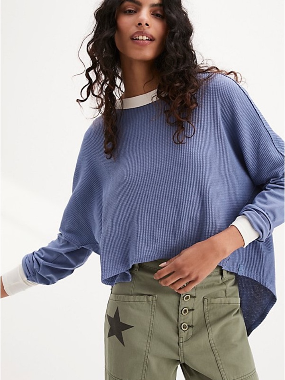 Blue Layered Waffle Knit Long-Sleeve Top